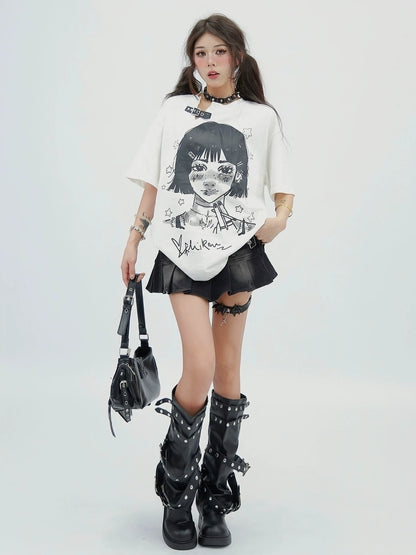 NANAICHILLI 100 Percent Cotton Loose Fit Street Printed White Crewneck Graphic T-Shirt