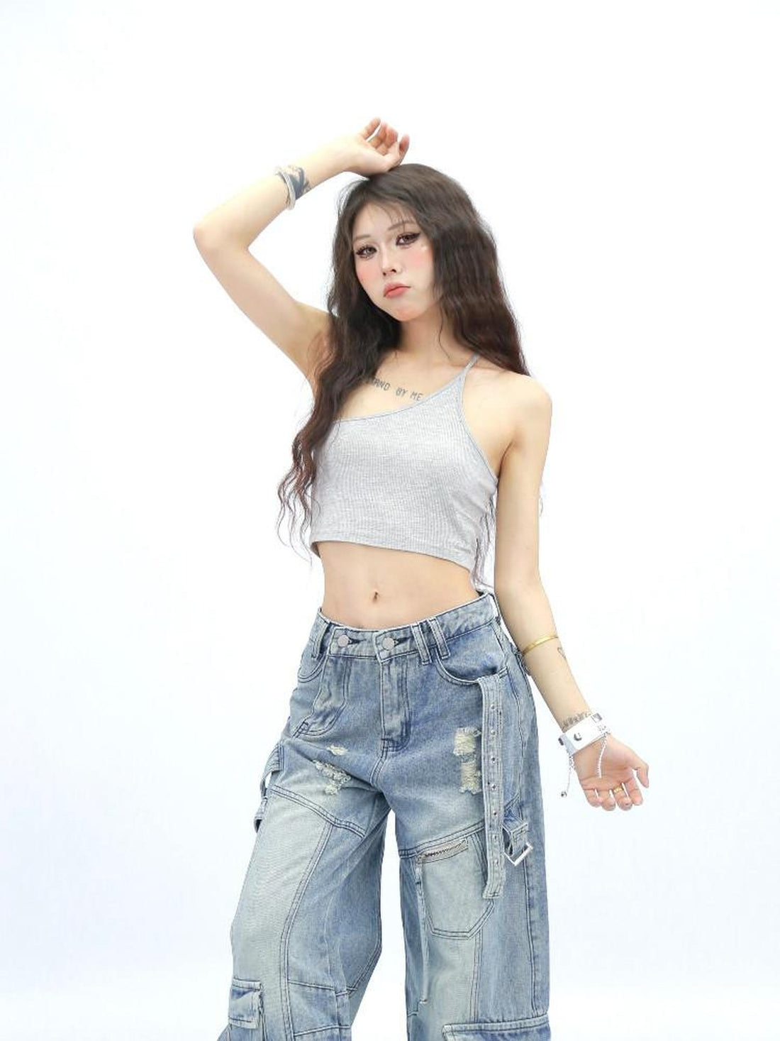 NANAICHILLI Backless One Shoulder Slim Short Pullover Street Style Light Gray Tank Top