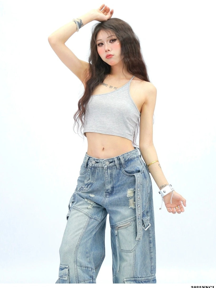 NANAICHILLI Backless One Shoulder Slim Short Pullover Street Style Light Gray Tank Top