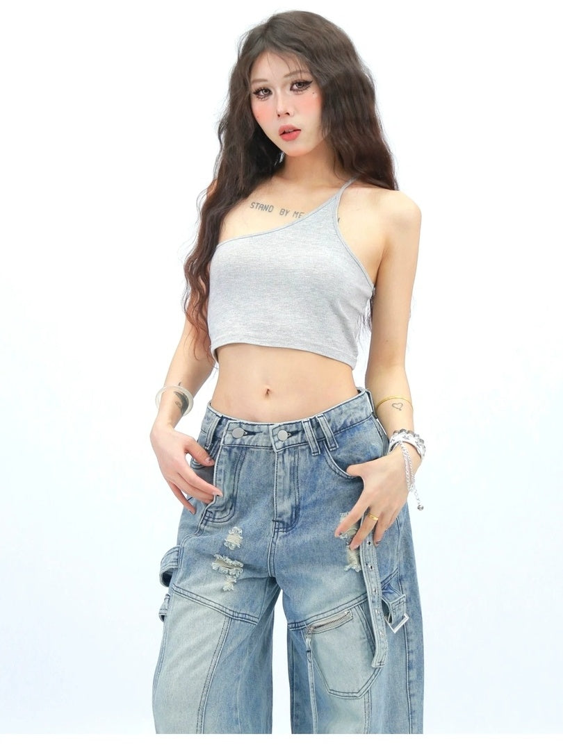 NANAICHILLI Backless One Shoulder Slim Short Pullover Street Style Light Gray Tank Top