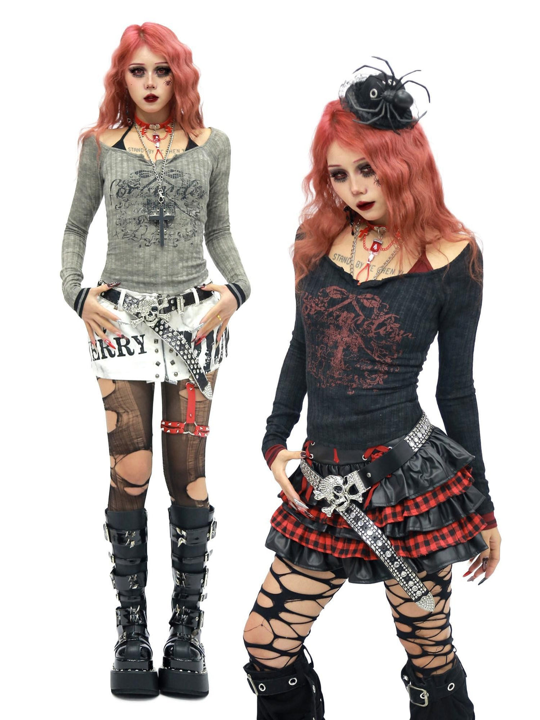 NANAICHILLI Bloodstain Gothic Skull Distressed Faux Layered Women&