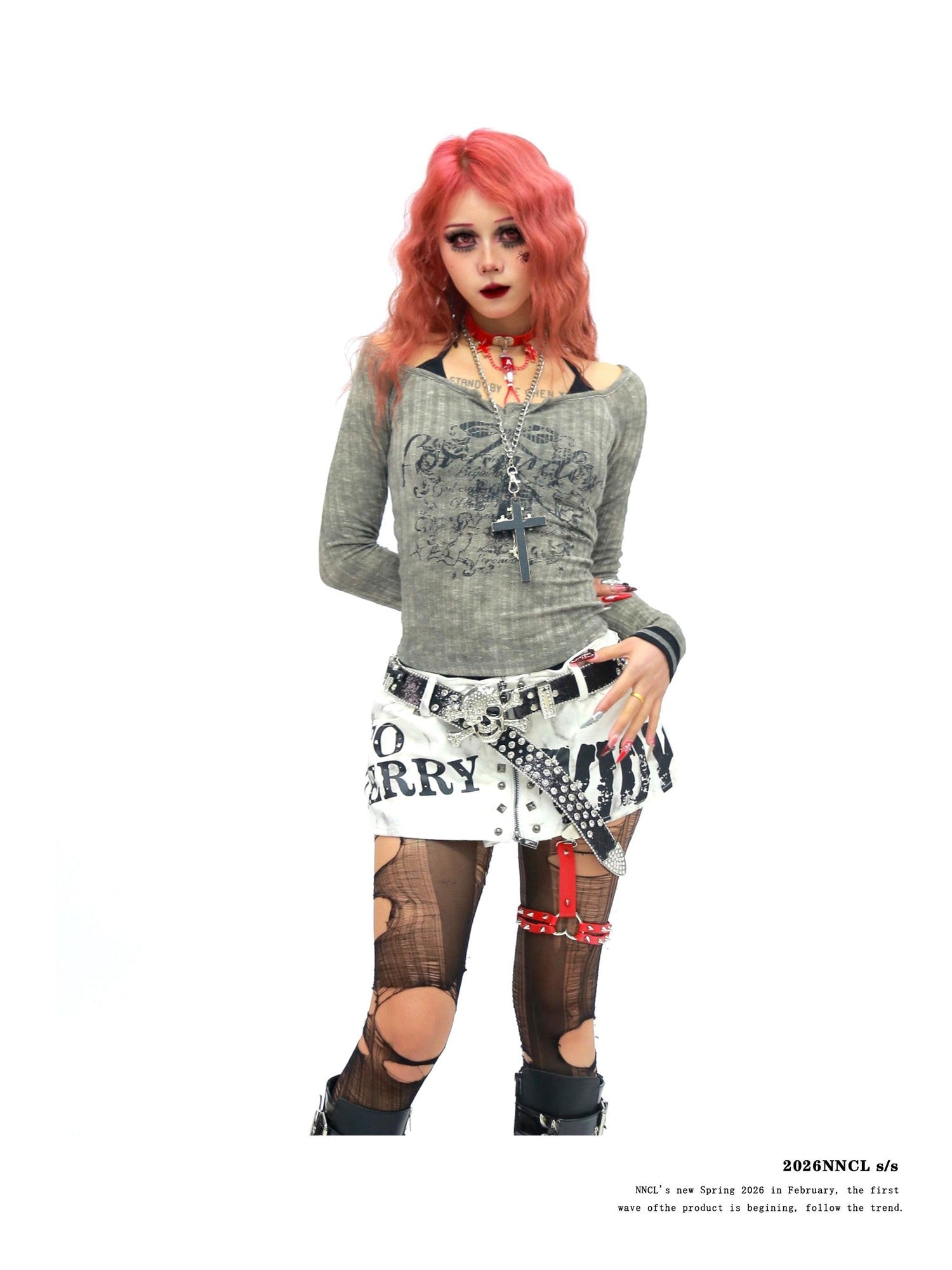 NANAICHILLI Bloodstain Gothic Skull Distressed Faux Layered Women&