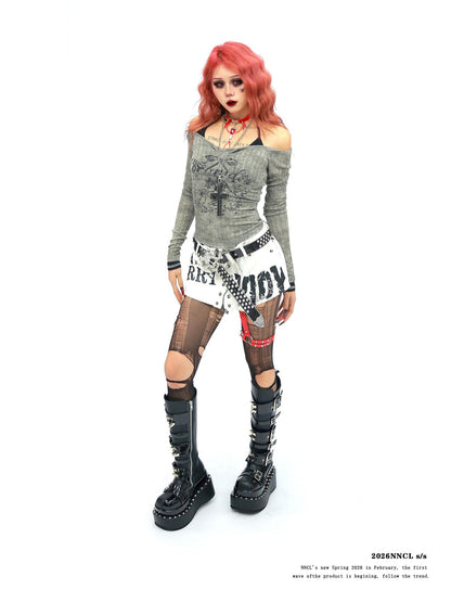 NANAICHILLI Bloodstain Gothic Skull Distressed Faux Layered Women&
