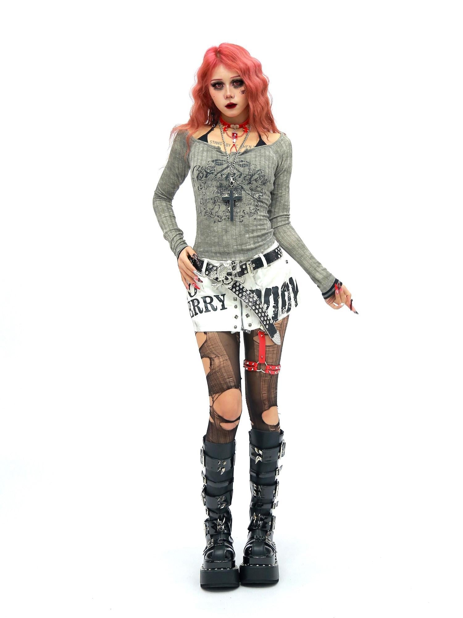 NANAICHILLI Bloodstain Gothic Skull Distressed Faux Layered Women&