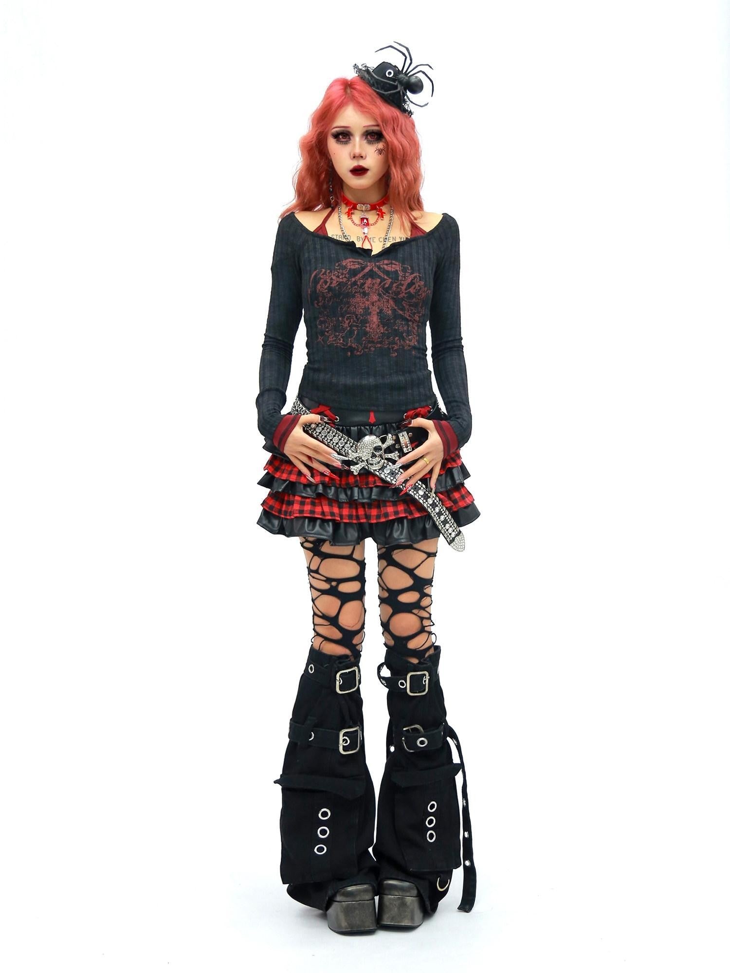 NANAICHILLI Bloodstain Gothic Skull Distressed Faux Layered Women&