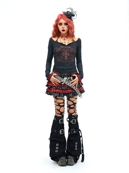 NANAICHILLI Bloodstain Gothic Skull Distressed Faux Layered Women&