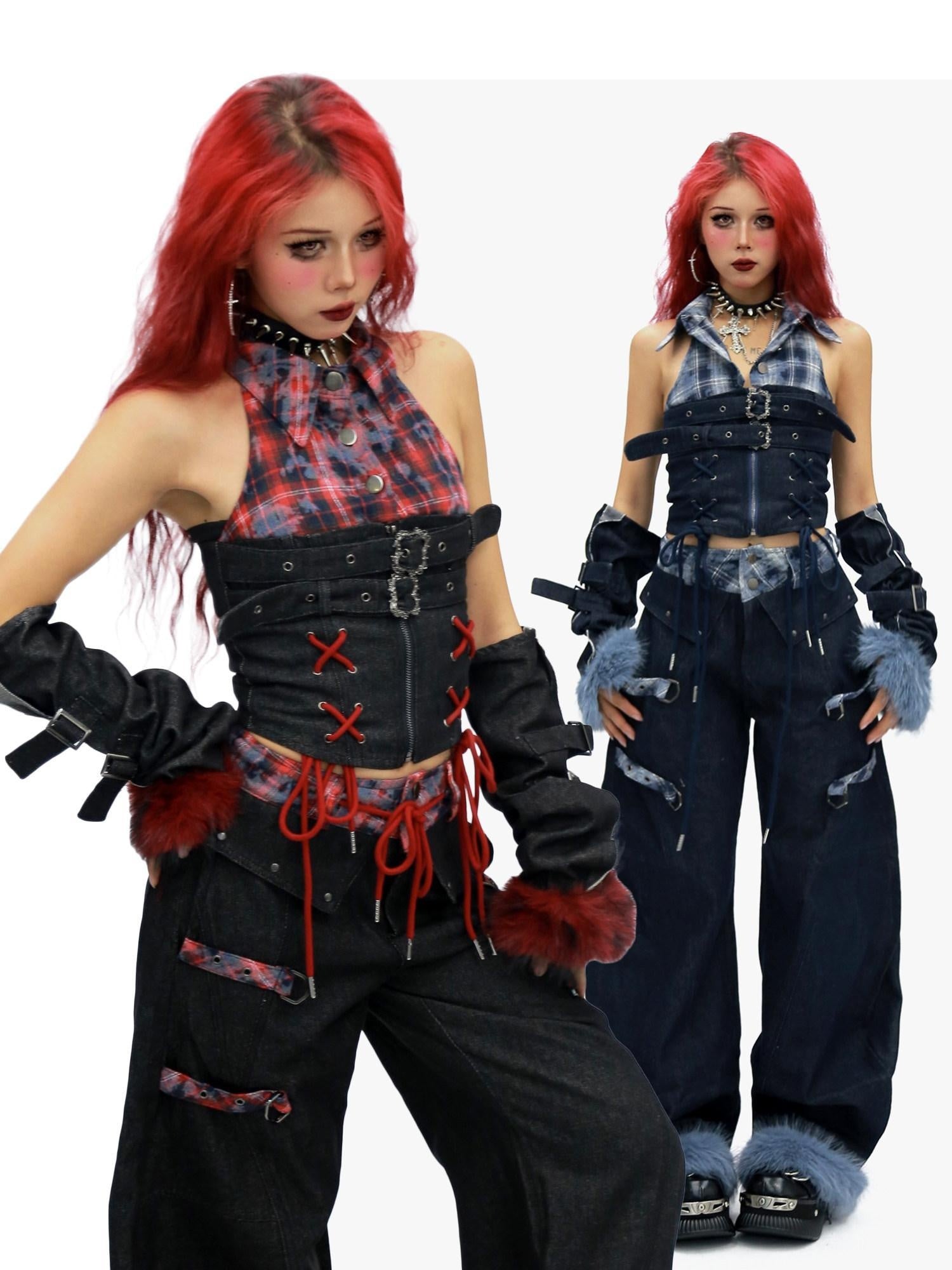 NANAICHILLI Blue And Red Plaid High Rise Straight Fit Casual Women Checked Jeans