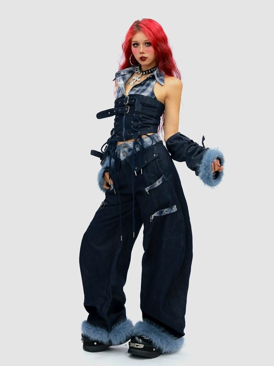 NANAICHILLI Blue And Red Plaid High Rise Straight Fit Casual Women Checked Jeans