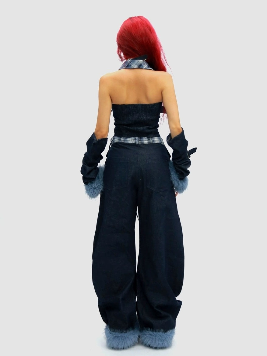 NANAICHILLI Blue And Red Plaid High Rise Straight Fit Casual Women Checked Jeans