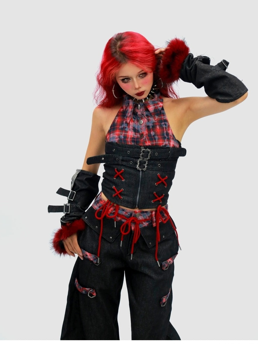 NANAICHILLI Blue And Red Plaid High Rise Straight Fit Casual Women Checked Jeans