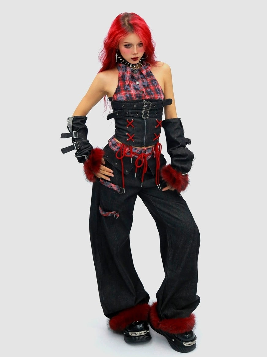 NANAICHILLI Blue And Red Plaid High Rise Straight Fit Casual Women Checked Jeans