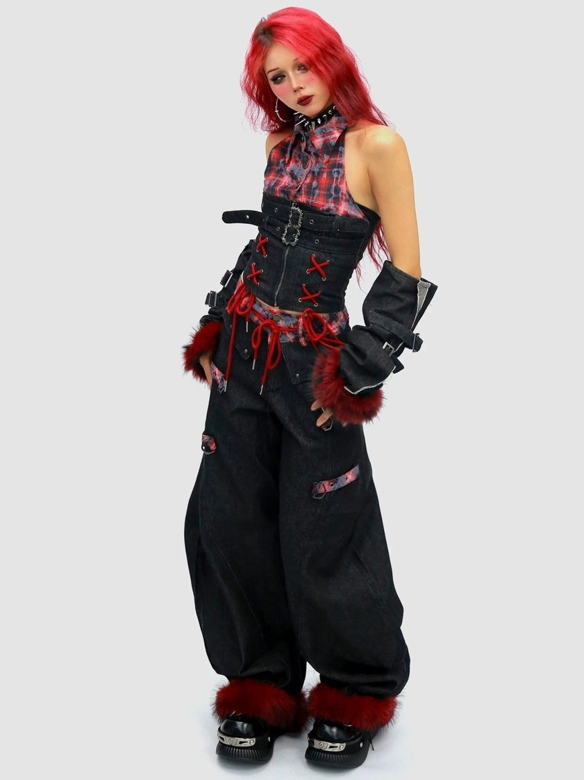 NANAICHILLI Blue And Red Plaid High Rise Straight Fit Casual Women Checked Jeans