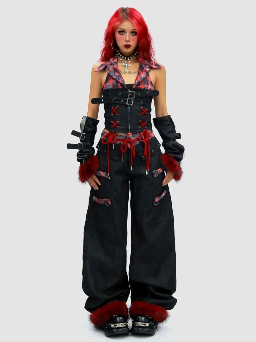 NANAICHILLI Blue And Red Plaid High Rise Straight Fit Casual Women Checked Jeans