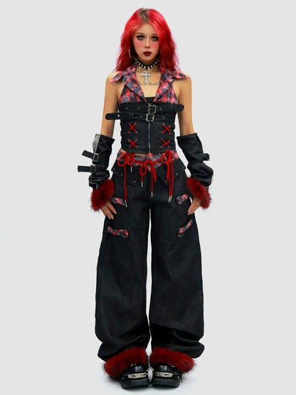 NANAICHILLI Blue And Red Plaid High Rise Straight Fit Casual Women Checked Jeans