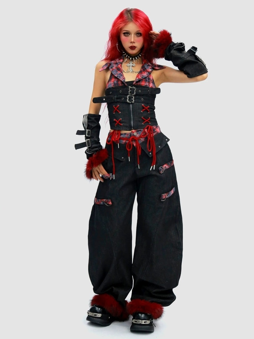 NANAICHILLI Blue And Red Plaid High Rise Straight Fit Casual Women Checked Jeans