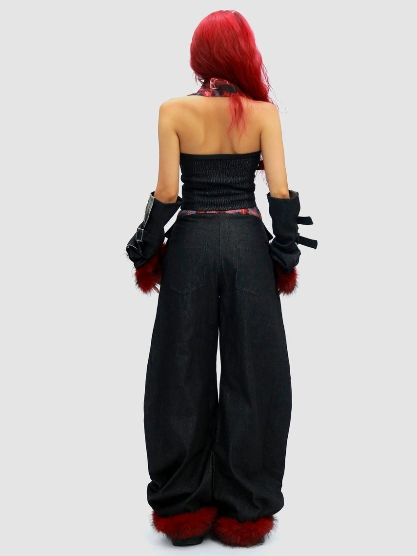 NANAICHILLI Blue And Red Plaid High Rise Straight Fit Casual Women Checked Jeans