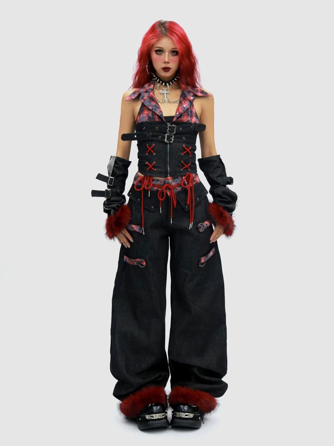 NANAICHILLI Blue And Red Plaid High Rise Straight Fit Casual Women Checked Jeans