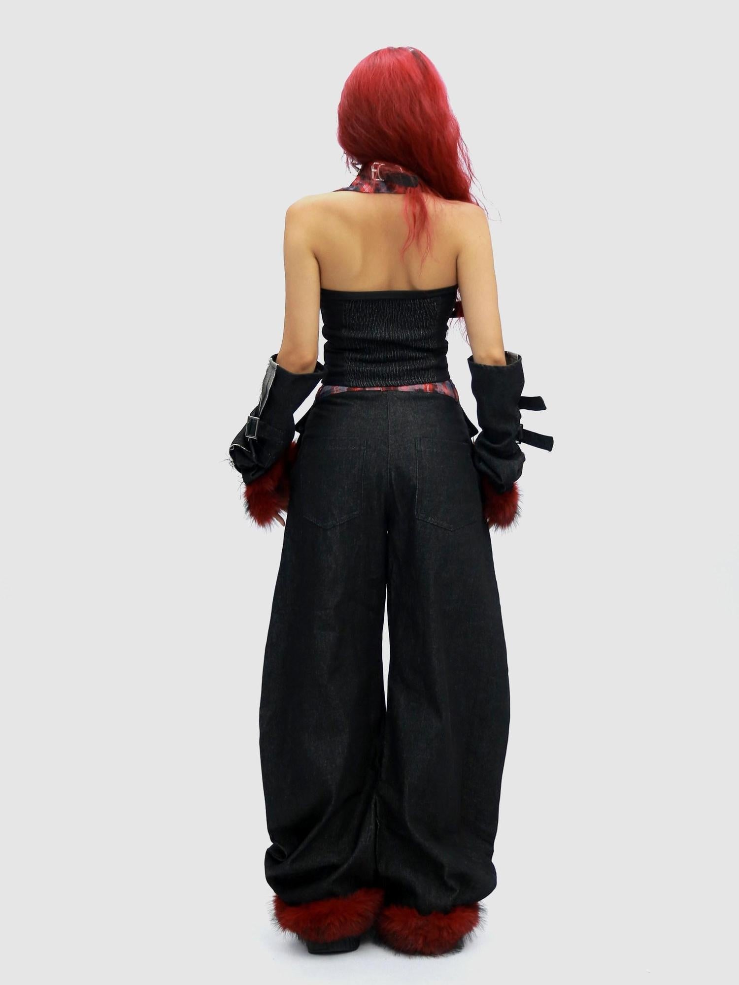 NANAICHILLI Blue And Red Plaid High Rise Straight Fit Casual Women Checked Jeans