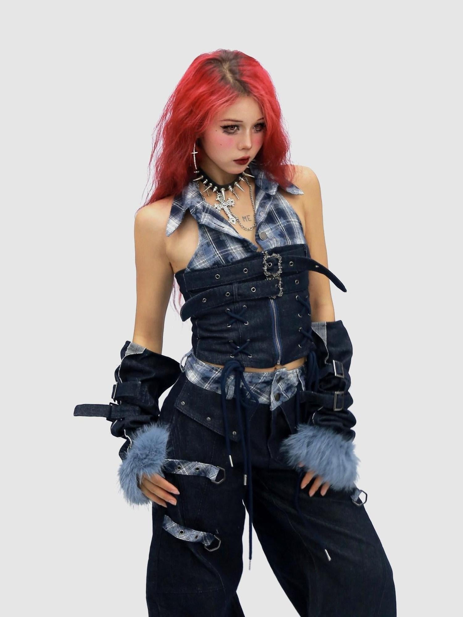 NANAICHILLI Blue And Red Plaid High Rise Straight Fit Casual Women Checked Jeans