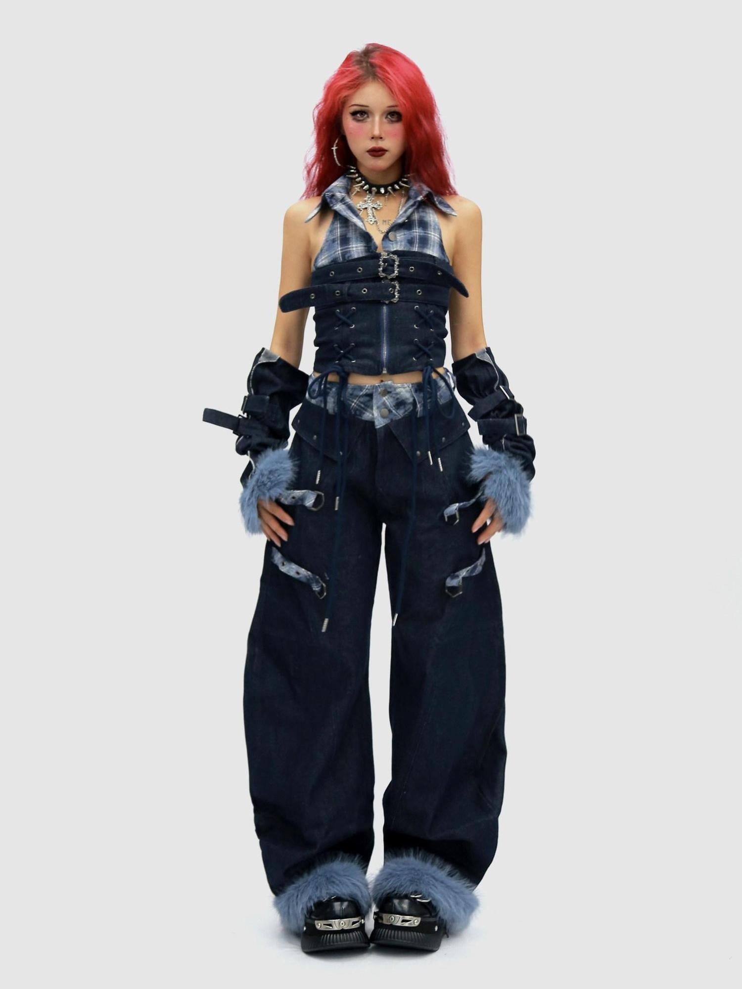 NANAICHILLI Blue And Red Plaid High Rise Straight Fit Casual Women Checked Jeans