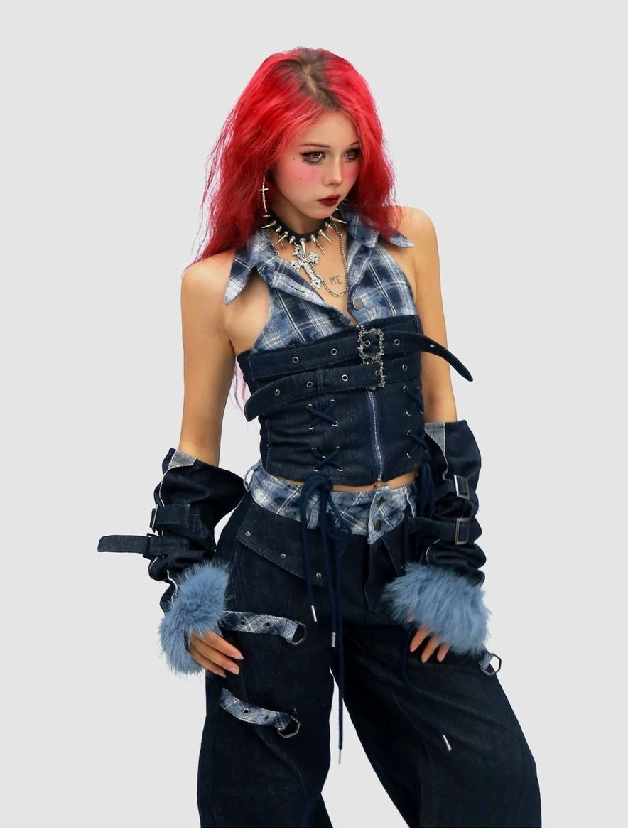 NANAICHILLI Blue And Red Plaid High Rise Straight Fit Casual Women Checked Jeans