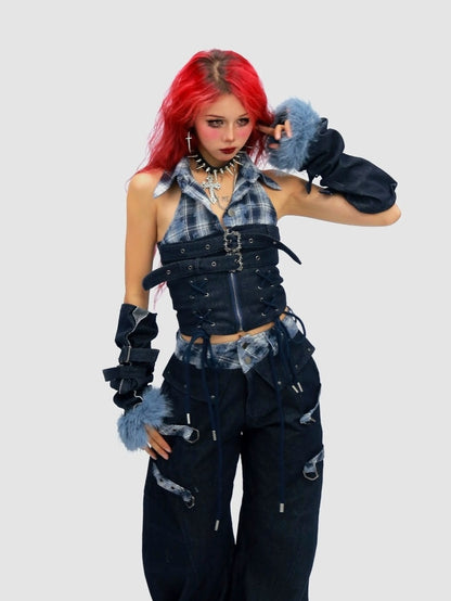 NANAICHILLI Blue And Red Plaid High Rise Straight Fit Casual Women Checked Jeans