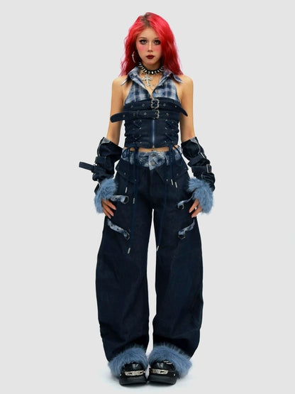 NANAICHILLI Blue And Red Plaid High Rise Straight Fit Casual Women Checked Jeans