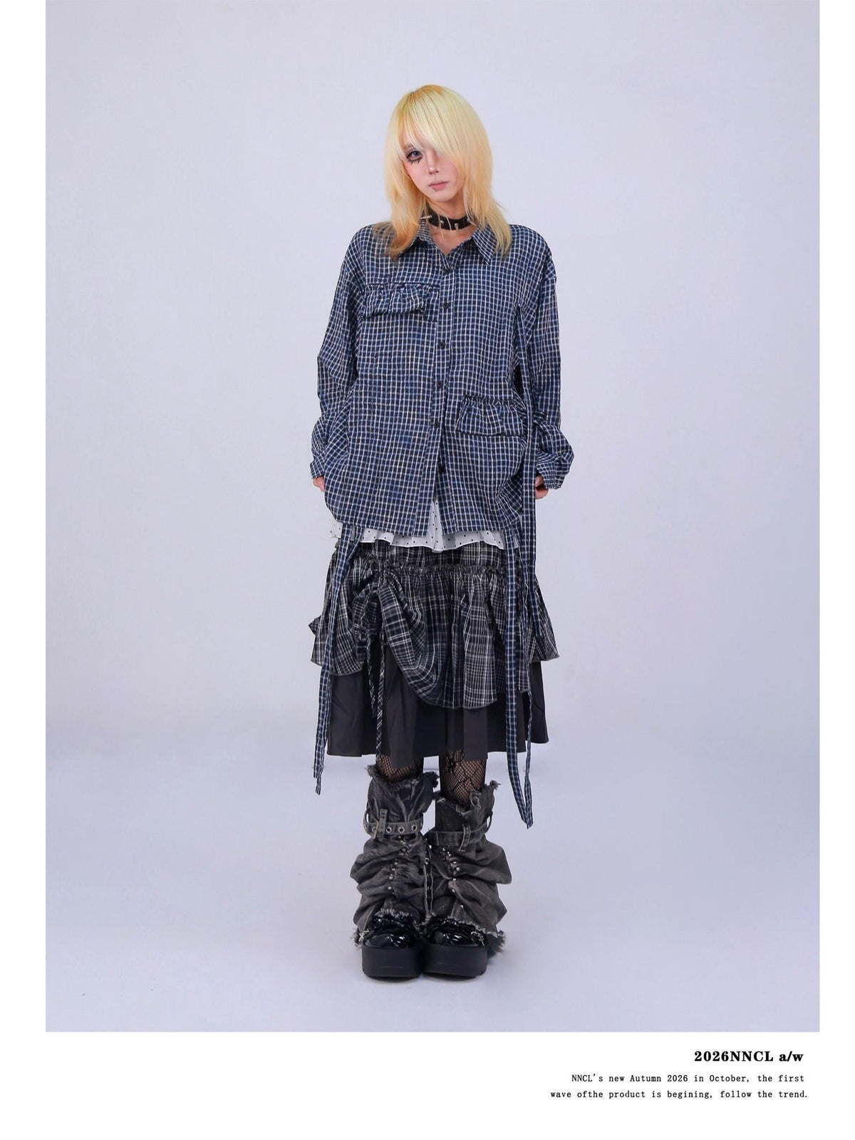 NANAICHILLI Blue Plaid Strappy Drawstring Asymmetric Loose Fit Women&