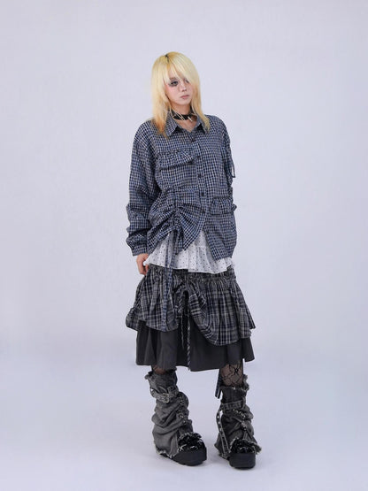 NANAICHILLI Blue Plaid Strappy Drawstring Asymmetric Loose Fit Women&