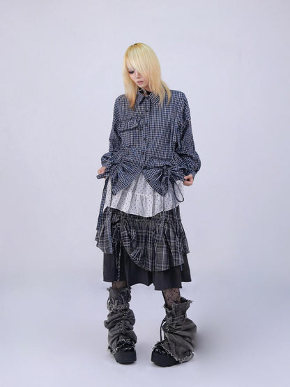 NANAICHILLI Blue Plaid Strappy Drawstring Asymmetric Loose Fit Women&