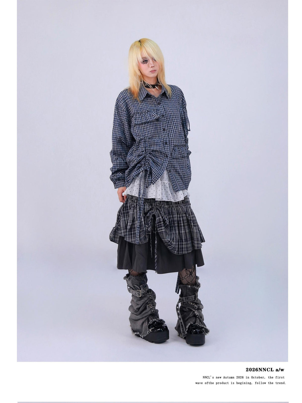 NANAICHILLI Blue Plaid Strappy Drawstring Asymmetric Loose Fit Women&