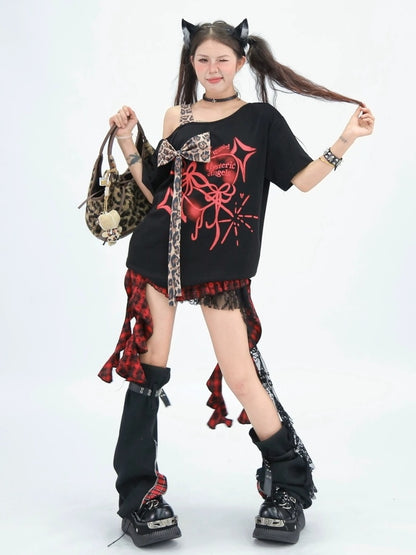 NANAICHILLI Bow Detail Street Loose Fit Crew Neck Cotton Stretch Black Pink T-Shirt