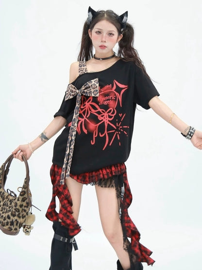 NANAICHILLI Bow Detail Street Loose Fit Crew Neck Cotton Stretch Black Pink T-Shirt