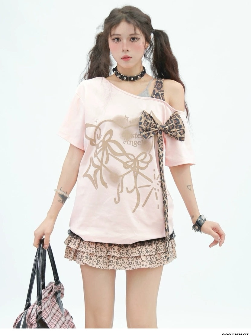 NANAICHILLI Bow Detail Street Loose Fit Crew Neck Cotton Stretch Black Pink T-Shirt