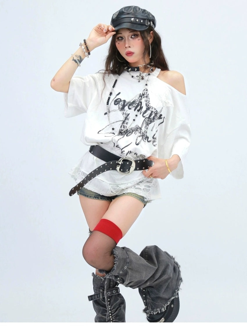 NANAICHILLI Breathable Cotton Loose Fit Asymmetric Neckline Letter Print Women Street T-Shirt