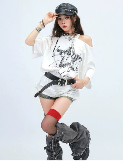 NANAICHILLI Breathable Cotton Loose Fit Asymmetric Neckline Letter Print Women Street T-Shirt