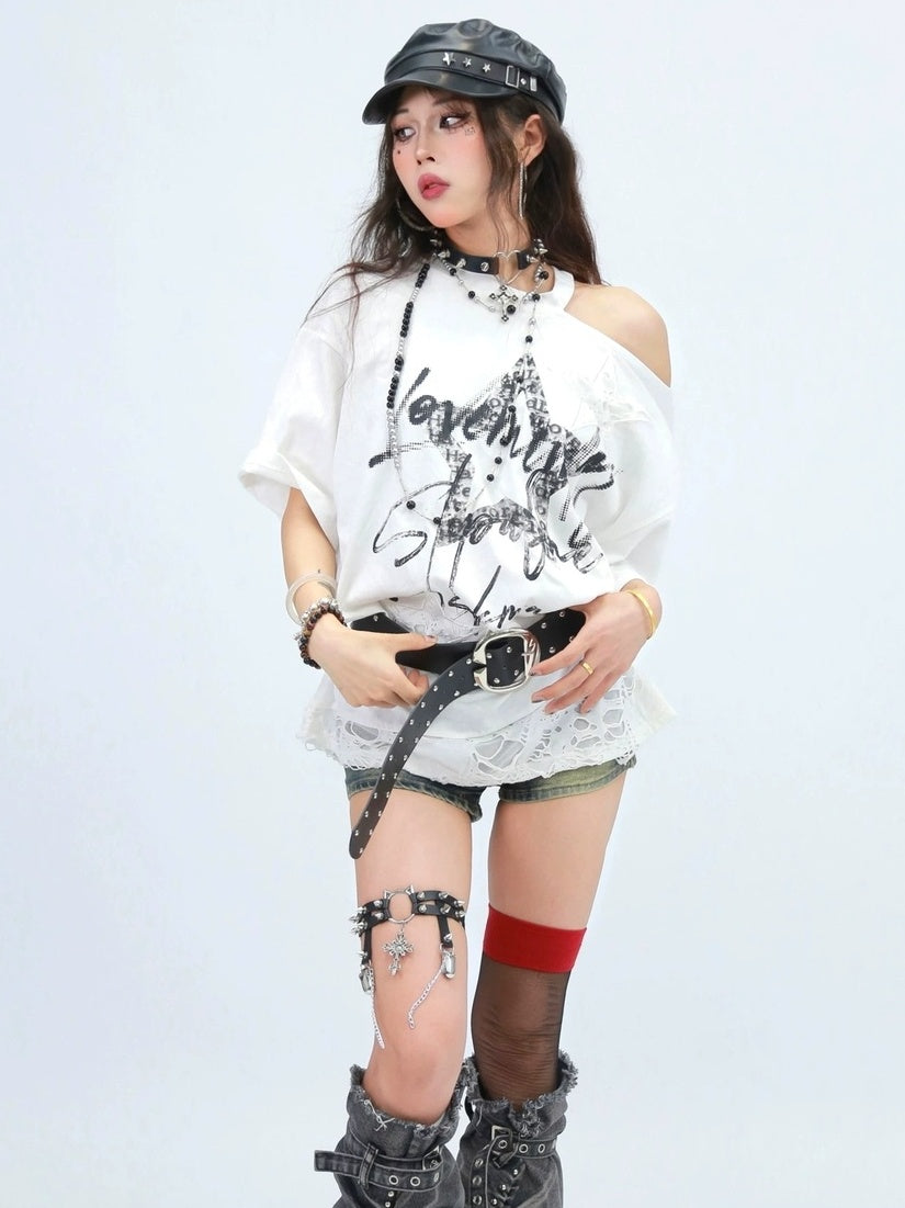 NANAICHILLI Breathable Cotton Loose Fit Asymmetric Neckline Letter Print Women Street T-Shirt