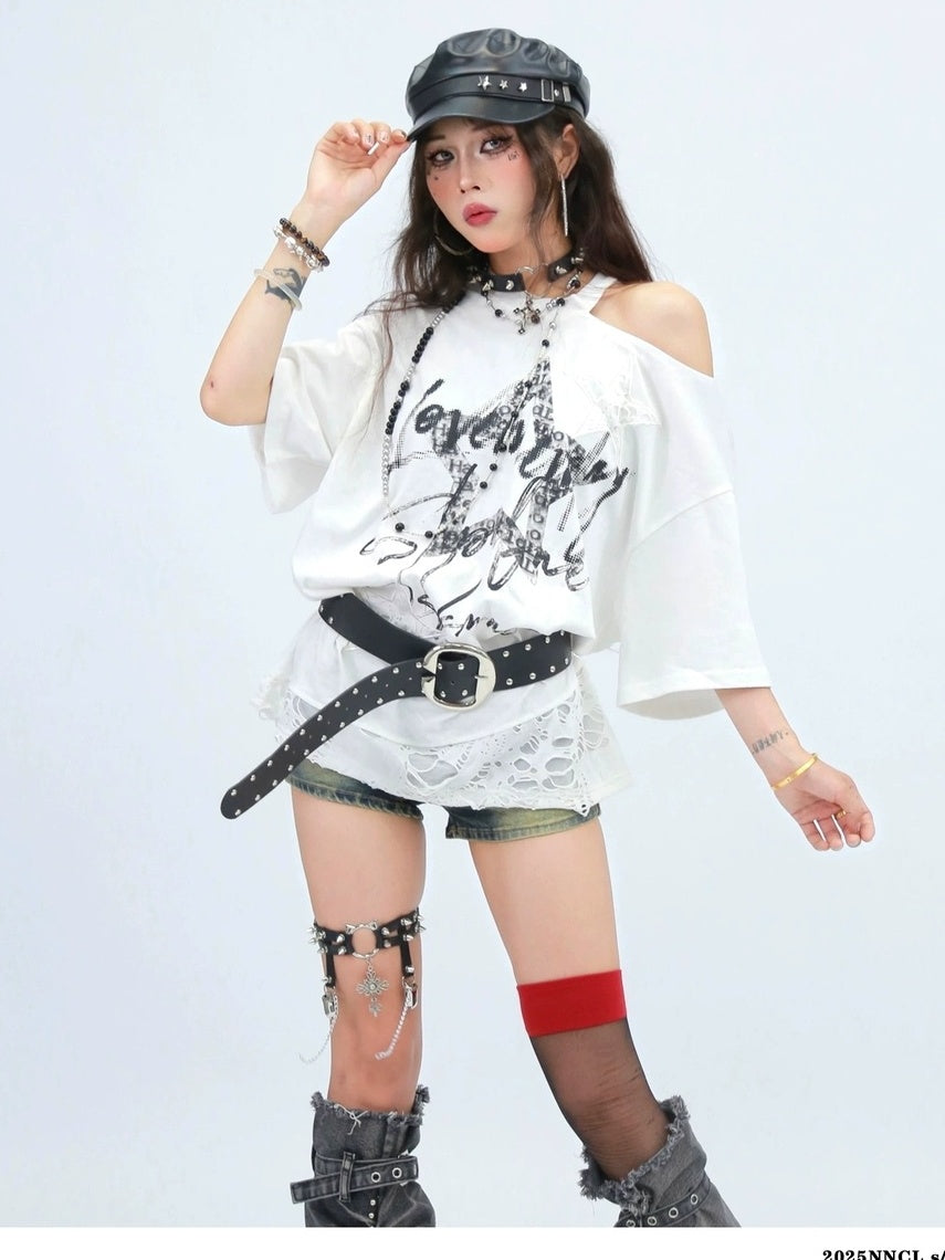 NANAICHILLI Breathable Cotton Loose Fit Asymmetric Neckline Letter Print Women Street T-Shirt