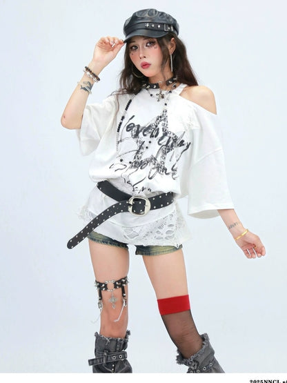 NANAICHILLI Breathable Cotton Loose Fit Asymmetric Neckline Letter Print Women Street T-Shirt