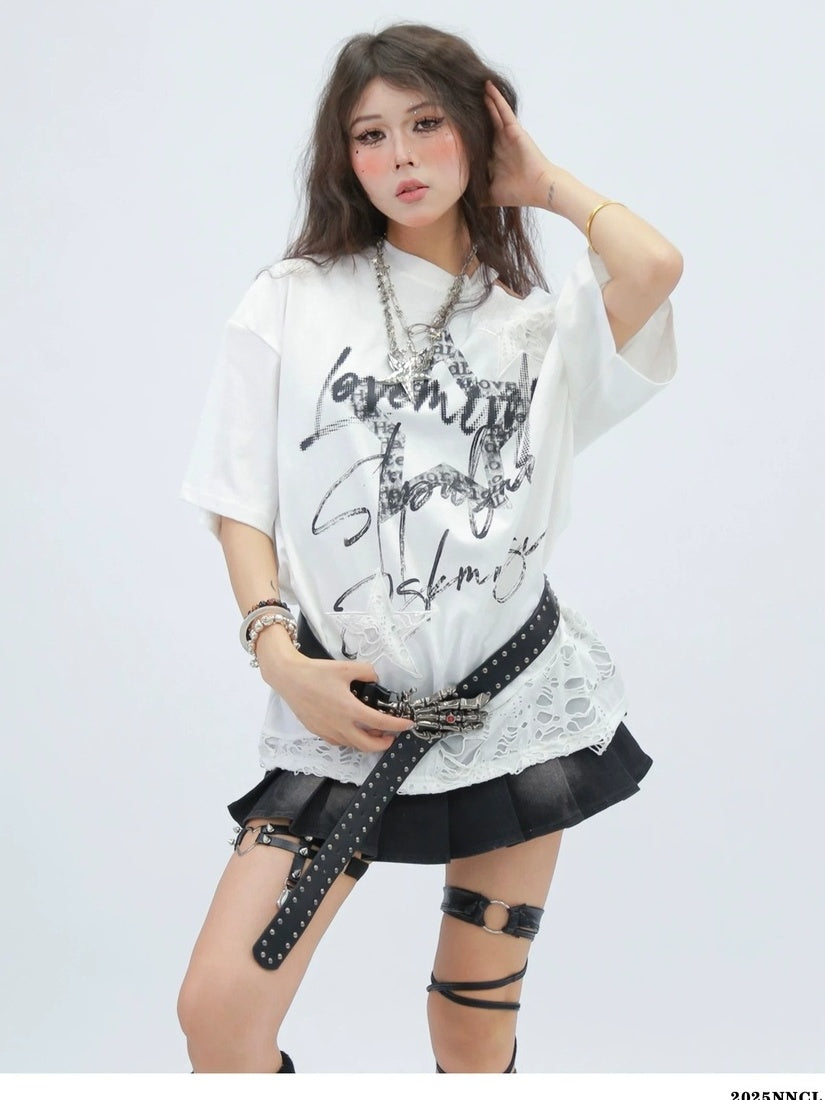 NANAICHILLI Breathable Cotton Loose Fit Asymmetric Neckline Letter Print Women Street T-Shirt