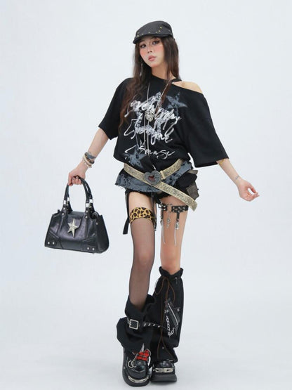 NANAICHILLI Breathable Cotton Loose Fit Asymmetric Neckline Letter Print Women Street T-Shirt