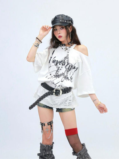 NANAICHILLI Breathable Cotton Loose Fit Asymmetric Neckline Letter Print Women Street T-Shirt