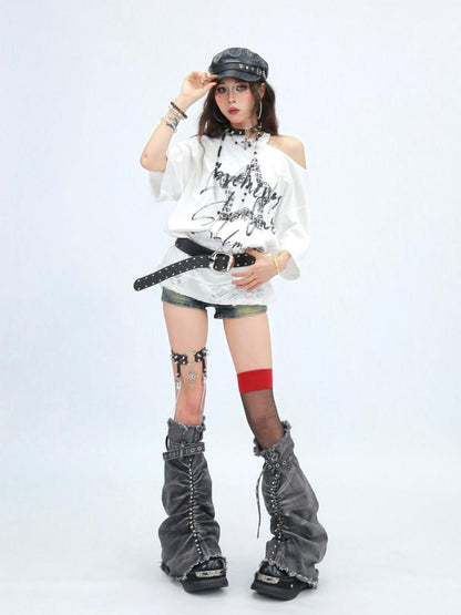 NANAICHILLI Breathable Cotton Loose Fit Asymmetric Neckline Letter Print Women Street T-Shirt