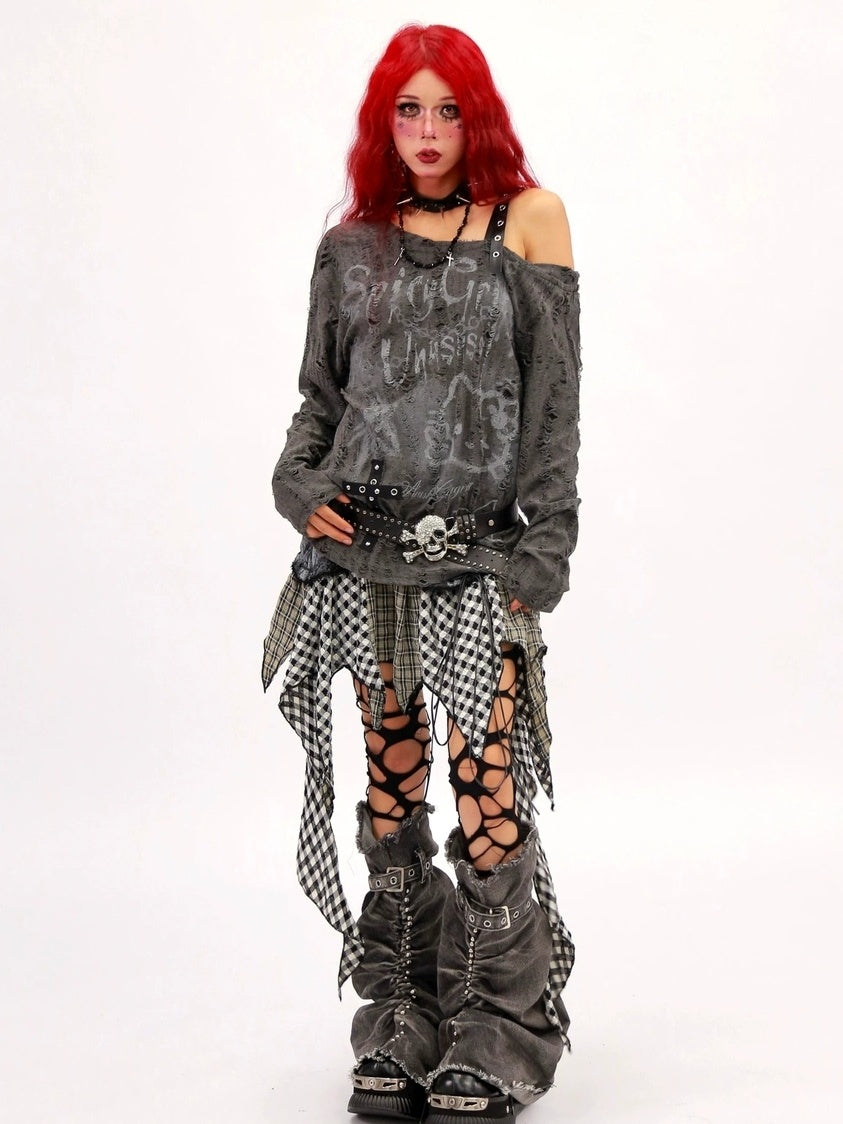 NANAICHILLI Breathable Printed Loose Fit Slanted Neck Women Almond Gray Long Sleeve T-Shirt