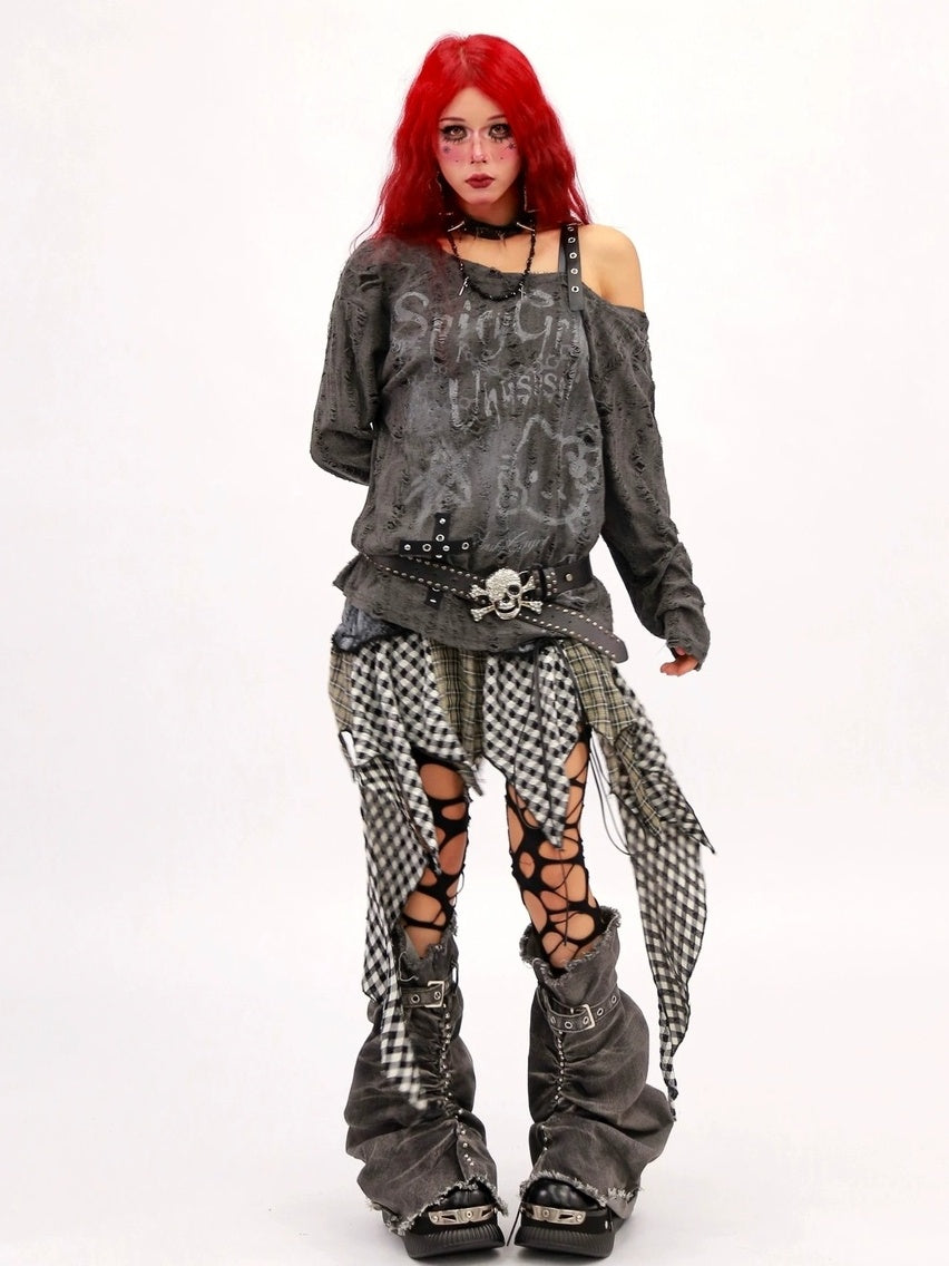 NANAICHILLI Breathable Printed Loose Fit Slanted Neck Women Almond Gray Long Sleeve T-Shirt