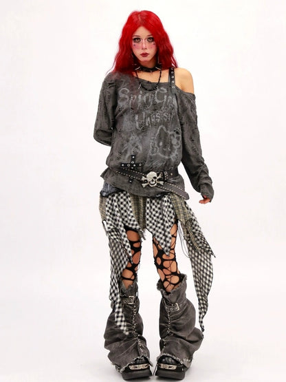 NANAICHILLI Breathable Printed Loose Fit Slanted Neck Women Almond Gray Long Sleeve T-Shirt