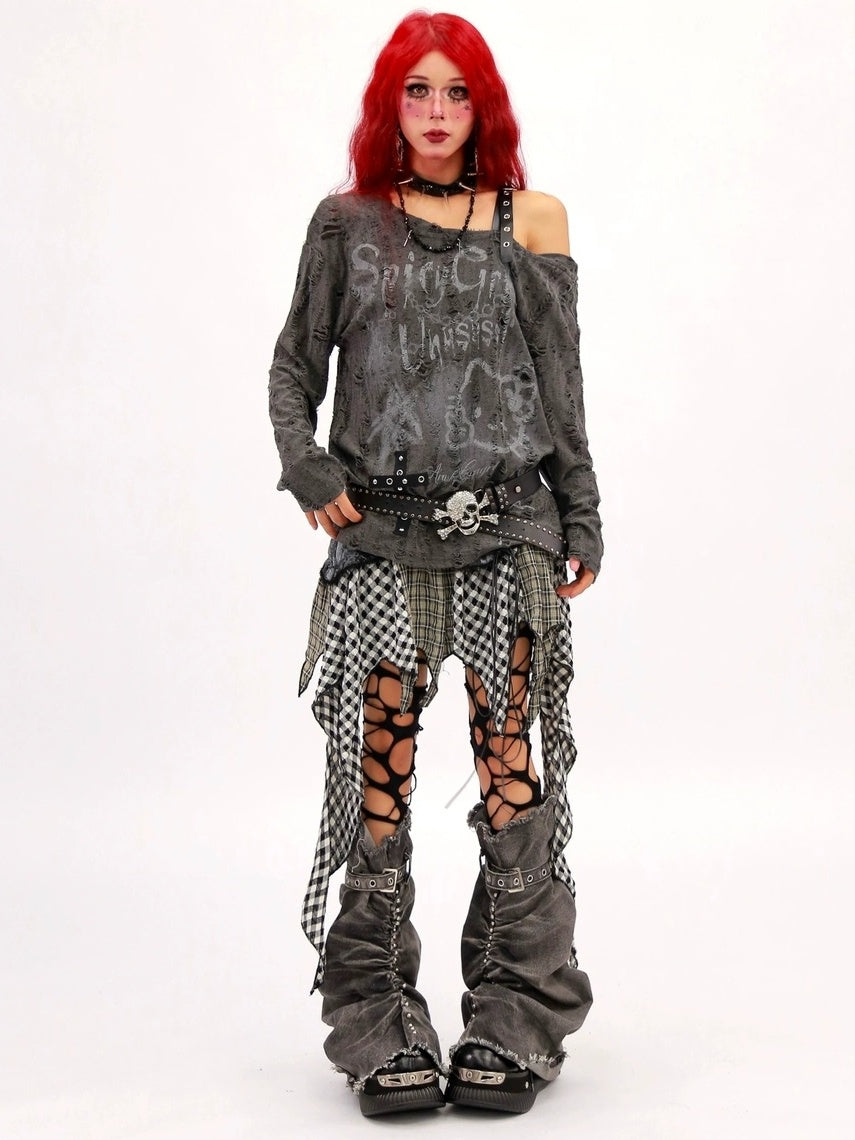 NANAICHILLI Breathable Printed Loose Fit Slanted Neck Women Almond Gray Long Sleeve T-Shirt