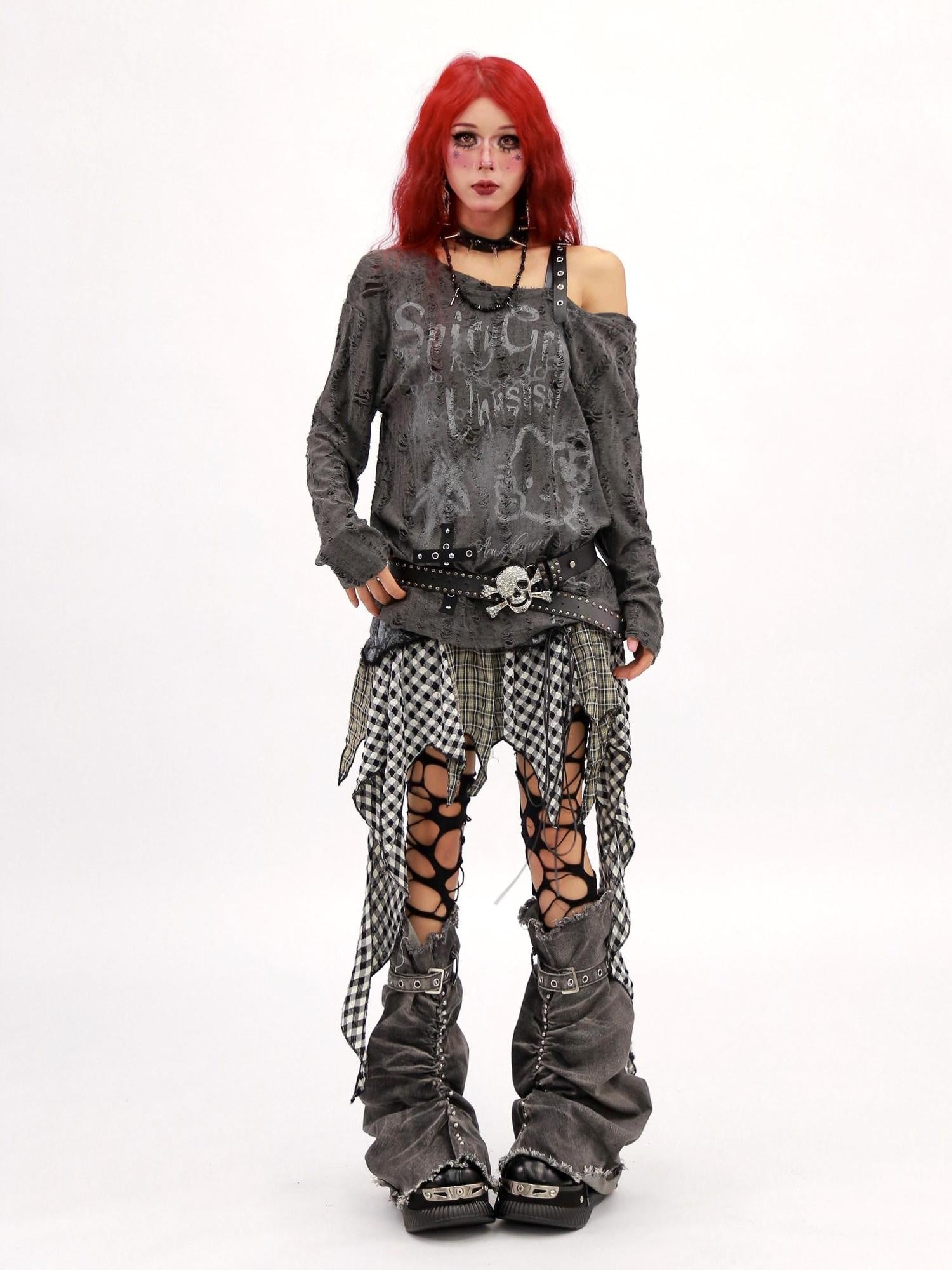 NANAICHILLI Breathable Printed Loose Fit Slanted Neck Women Almond Gray Long Sleeve T-Shirt