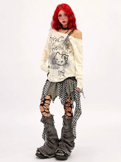 NANAICHILLI Breathable Printed Loose Fit Slanted Neck Women Almond Gray Long Sleeve T-Shirt