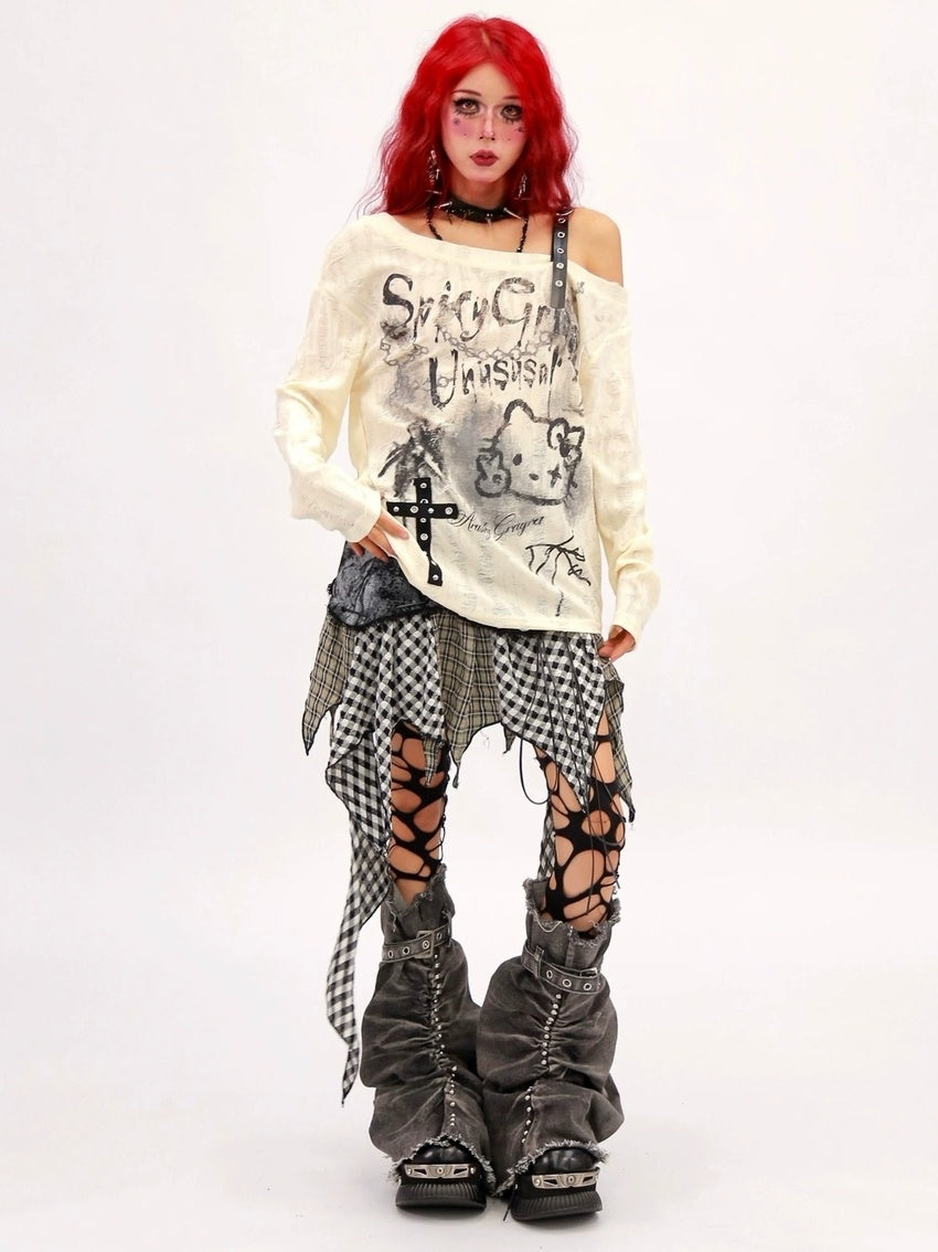 NANAICHILLI Breathable Printed Loose Fit Slanted Neck Women Almond Gray Long Sleeve T-Shirt